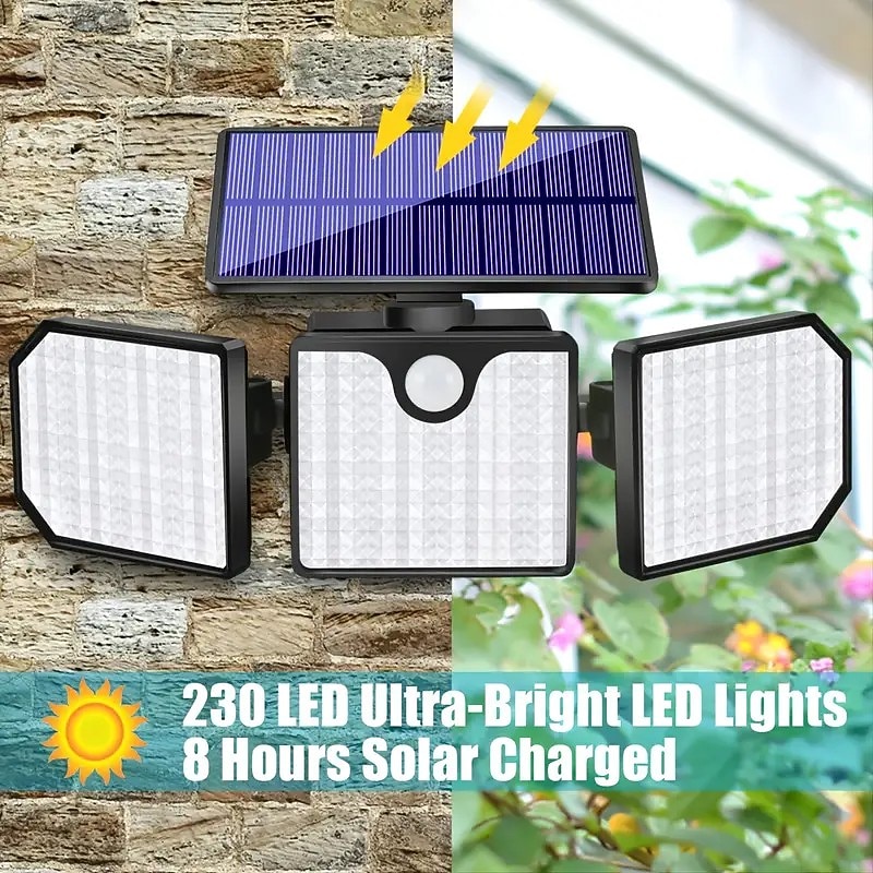 Solar Flood Lights 230LEDs LED Solar Motion Sensor Light 3 Adjustable Heads Outdoor Waterproof Security2