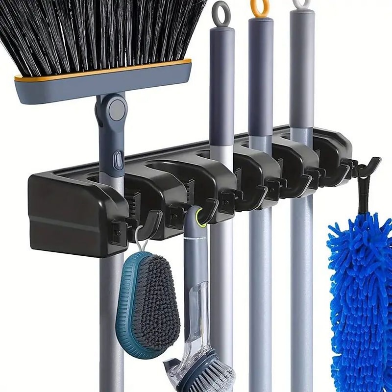 Broom Holder, Wall Mounted Garden Tool Organizer, Home Laundry Room, Kitchen, Closet, Shed, Garage Organization And Storage Utility Rack, 5 Slots & 6 Hooks, Rake, Shovel, Mop Hanger