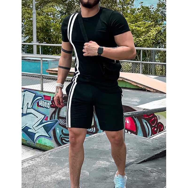 Men's Tee & Drawstring Waist Shorts 2 Pieces Outfits Short Sleeve Crewneck Summer Color Block Striped Fashion Sport Casual 2 Piece Vacation Casual Daily Wear Black Wine Green Top Tee for Men