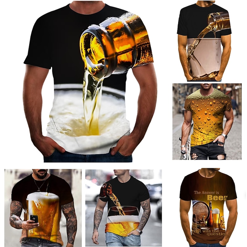 Men's Graphic 3D Beer Shirt T Shirt Short Sleeve T shirt Round Neck Shirt Basic Going out Weekend Dark Grey A B Clothing Apparel Plus Size S M L XL 2XL 3XL 4XL