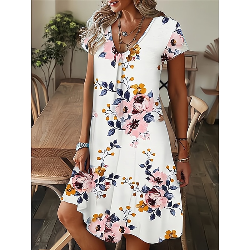 Women's Mini Dress Petite Dress T Shirt Dress Tee Dress Shift Dress Summer Dress Bohemia Fashion Basic Outdoor Vacation Party Regular Fit Tropical Short Sleeve V Neck Black White Yellow3