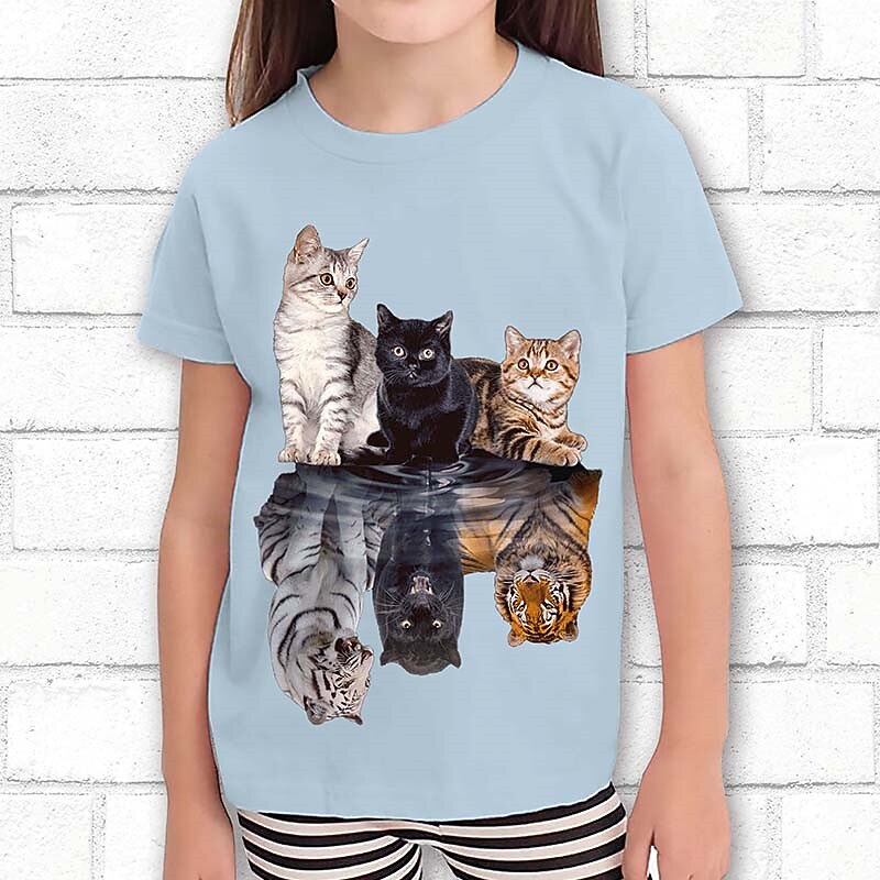 Girls' 3D Graphic Cat Dog T shirt Tee Short Sleeve 3D Print Summer Spring Active Fashion Cute 100% Cotton Kids 3-12 Years Outdoor Casual Daily Regular Fit3
