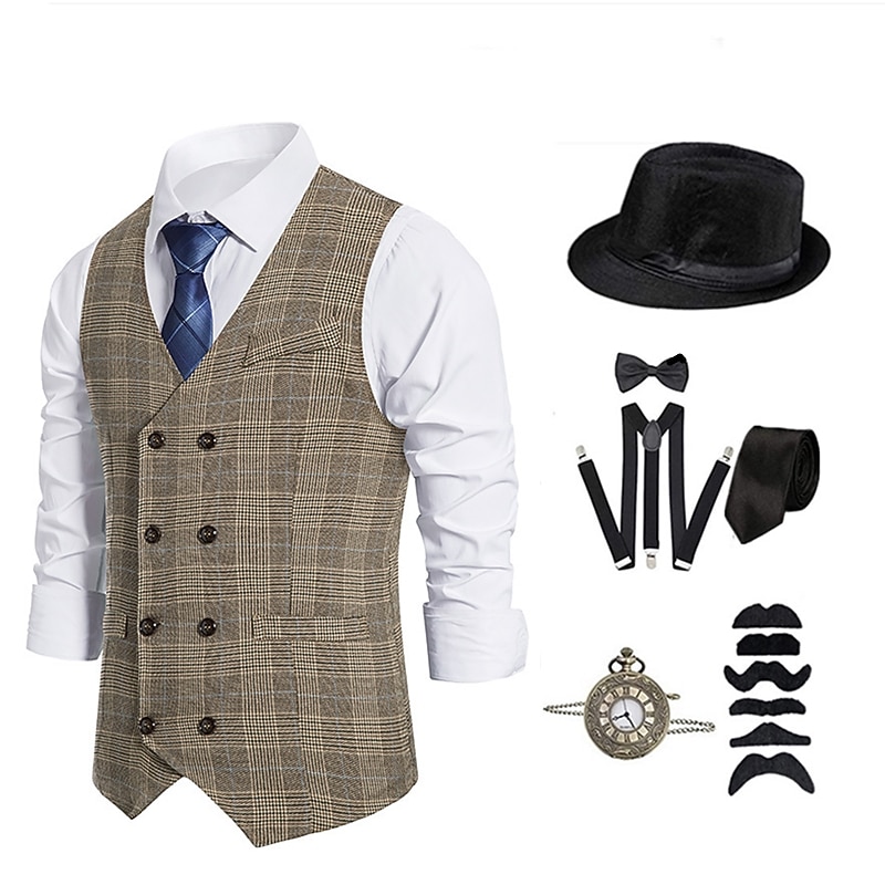 Retro Vintage 1920s Outfits Party Costume Vest Cosplay The Great Gatsby Gentleman Collarless Fancy Dress Men's Carnival Masquerade Party Evening Wear Masquerade Casual Daily Adults' Vest Shirt Hat2
