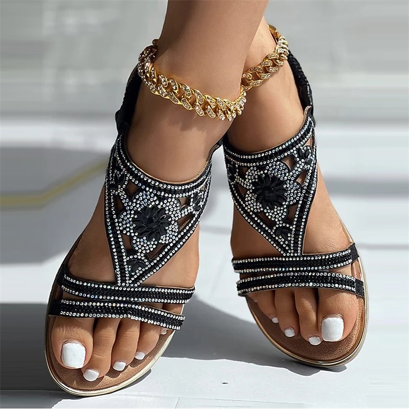 Women's Bohemian Rhinestone Sandals – Vintage Glam Beaded Flat Sandals with Hollow Floral Design for Beach & Summer Wear3