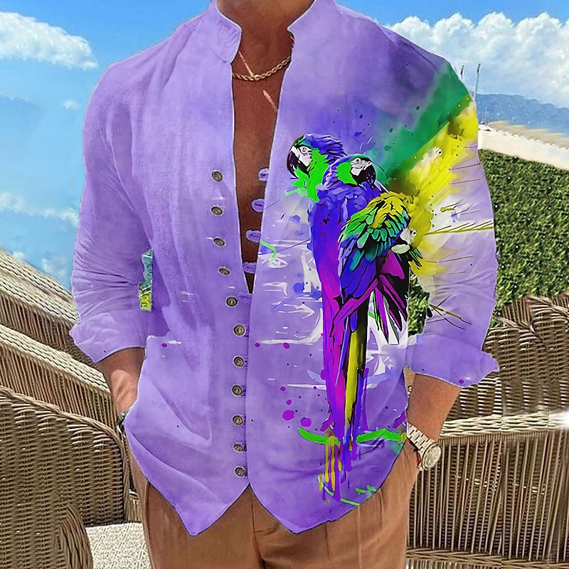 Men's Parrot Shirt Summer Hawaiian Shirt Aloha Shirt Long Sleeve Shirt Stand Collar Fashion Designer Casual Outdoor Vacation Street Yellow Blue Purple S M L4