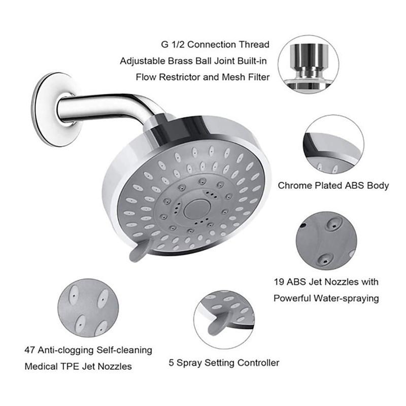 4 inch Rainfall Shower Head 5 Mode Sprayer Showerhead ABS, 360-degree Rotation High Pressure Overhead Shower Head Black Silver3