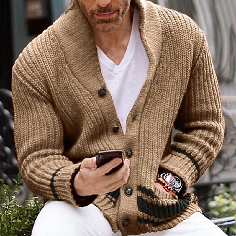 Male Cardigan Cardigan Sweater Sweater Jacket Chunky Knit Regular Button-Down Color Block Lapel Daily Wear Clothing Apparel khaki M L XL