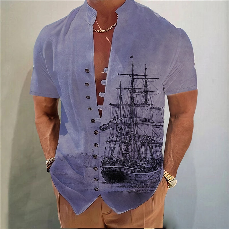 Men's Nautical Vintage Sailboat Shirt Button Up Shirt Short Sleeve Vintage Fashion Streetwear Outdoor Casual Daily Spring & Summer Stand Collar Print Blue Purple Green Khaki Gray3