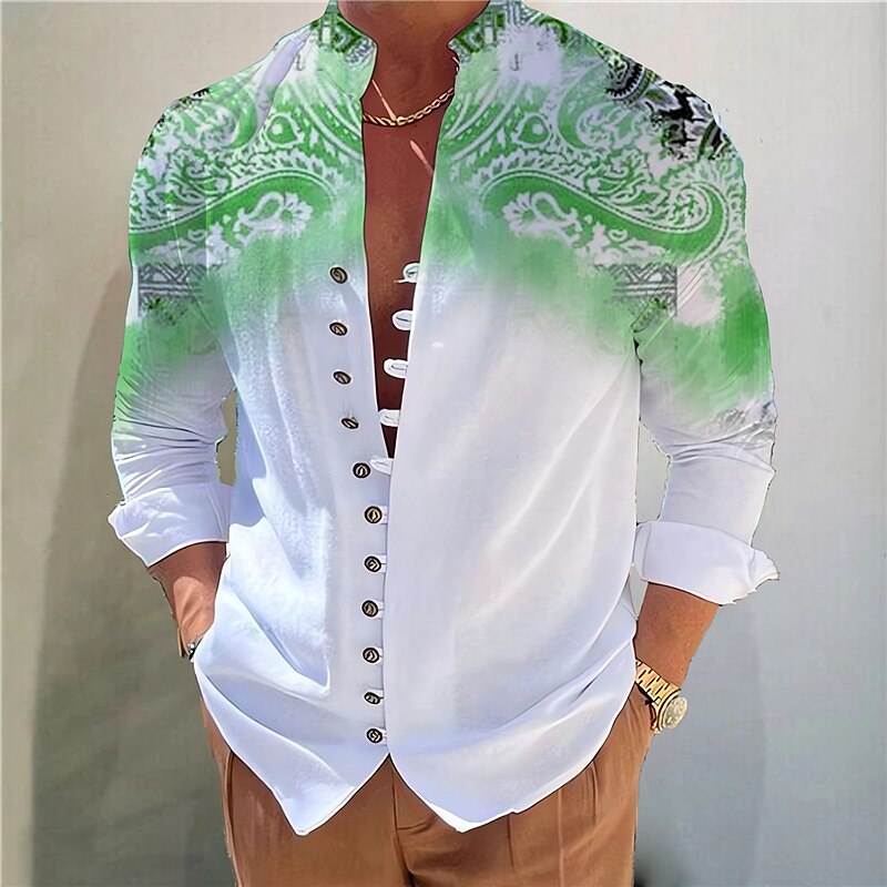 Men's Floral Shirt Linen Shirt Button Up Shirt Long Sleeve Fashion Streetwear Designer Outdoor Casual Daily Summer Spring Fall Stand Collar Print Yellow Blue Green Gray3