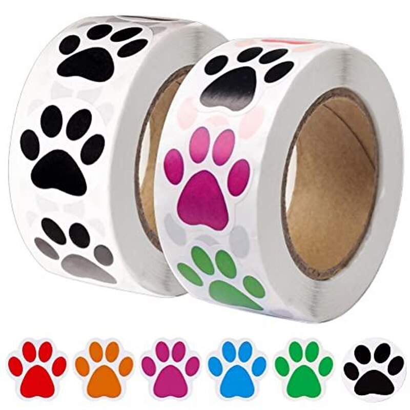 Paw Prints Stickers,(1 Inch/ 500 Stickers) Dog Stickers Dog Puppy Paw Prints Stickers,Colorful Self-Adhesive Labels Animal Decal,Paw Prints Envelope Seal for Classroom Kids (Black+Multi, 1 Inch)