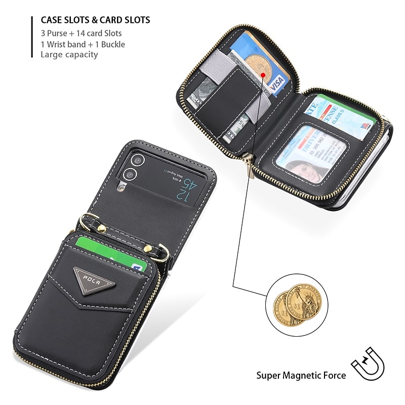 Phone Case For Samsung Galaxy Z Flip 6 Z Flip 5 Z Flip 4 Z Flip 3 Wallet Case Portable Zipper Card Slot Solid Colored PC PU Leather4