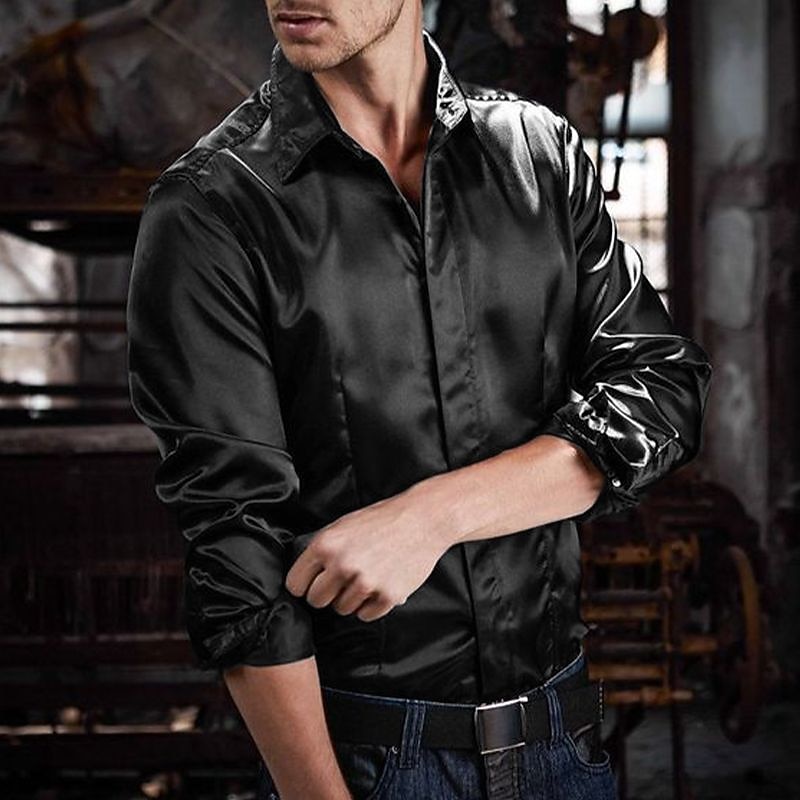 Men's Shirt Satin Shirt Casual Shirt Button Up Shirt Plain Wedding Vacation Black White Blue Red Long Sleeve Lapel Spring & Summer Clothing Apparel3