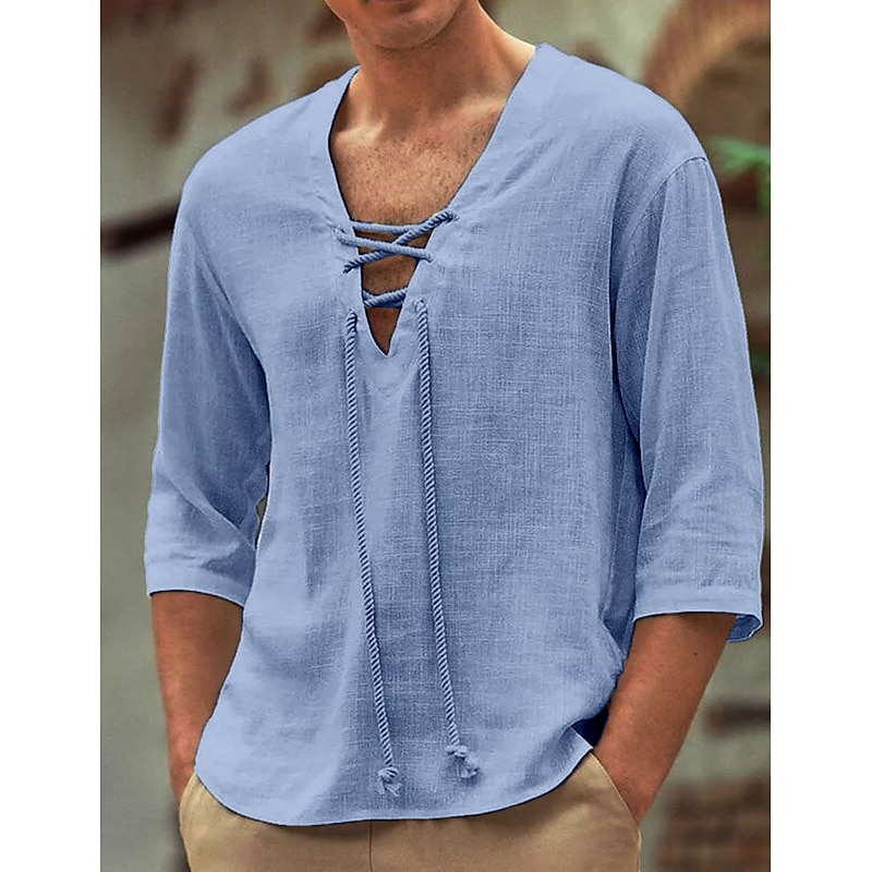 Men's Cotton Linen Shirt White Cotton Shirt Summer Shirt Casual Shirt Plain Casual Daily White Pink Gray Light Blue Long Sleeve V Neck Spring & Summer Clothing Apparel Drawstring4