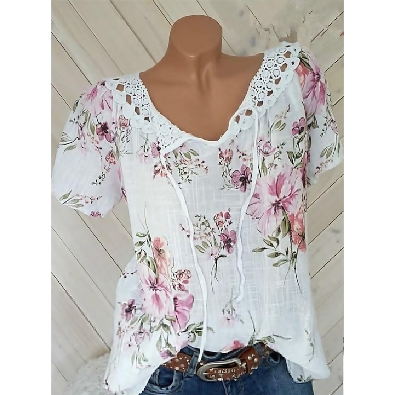 Women's White Elegant Lace Tops Eyelet Blouse Basic Floral Lace up Print Short Sleeve Regular Tops V Neck Casual Romantic Petite Tops Summer Holiday Wear White Pink Blue Orange Green