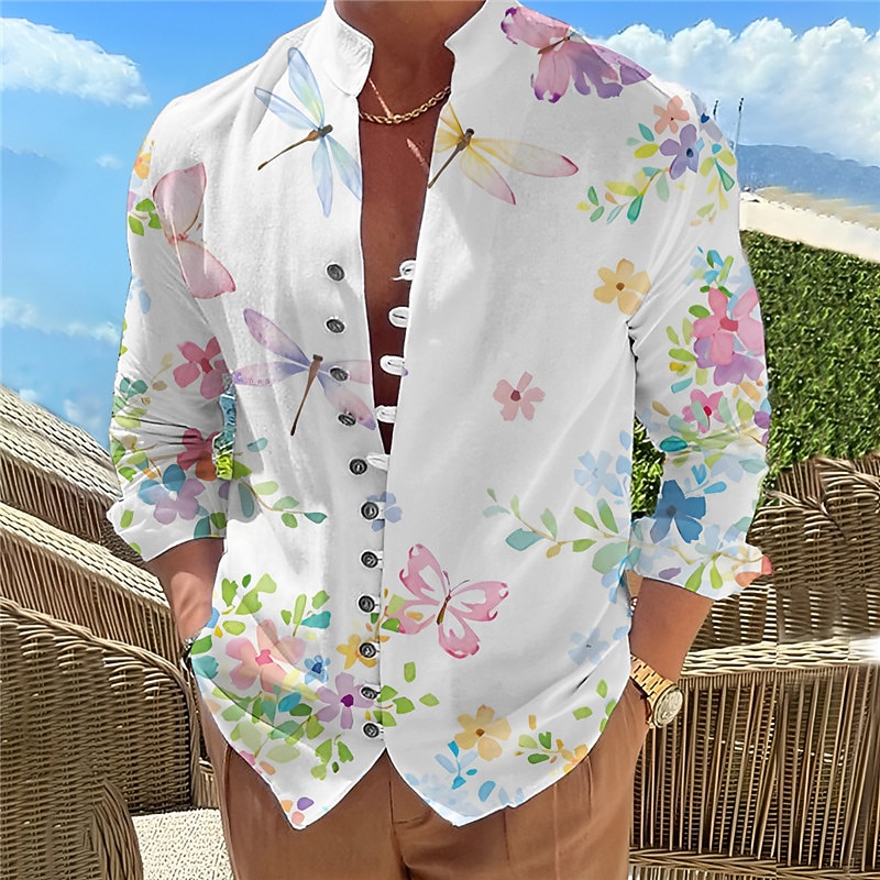 Men's Floral Graphic Prints Shirt Long Sleeve Shirt Stand Collar Outdoor Vacation White Red Purple Print Clothing Apparel Fashion Designer Casual Comfortable2