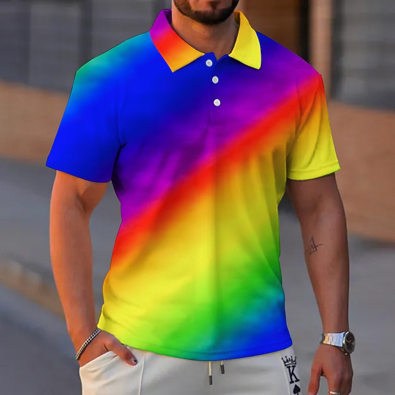 Men's Graphic Neon Polo Shirts Golf Shirt Short Sleeve Polo Shirts Collared Shirts Casual Vacation Wear Rave Wear Party Outfits Buttons 3D Print Yellow Blue Purple3