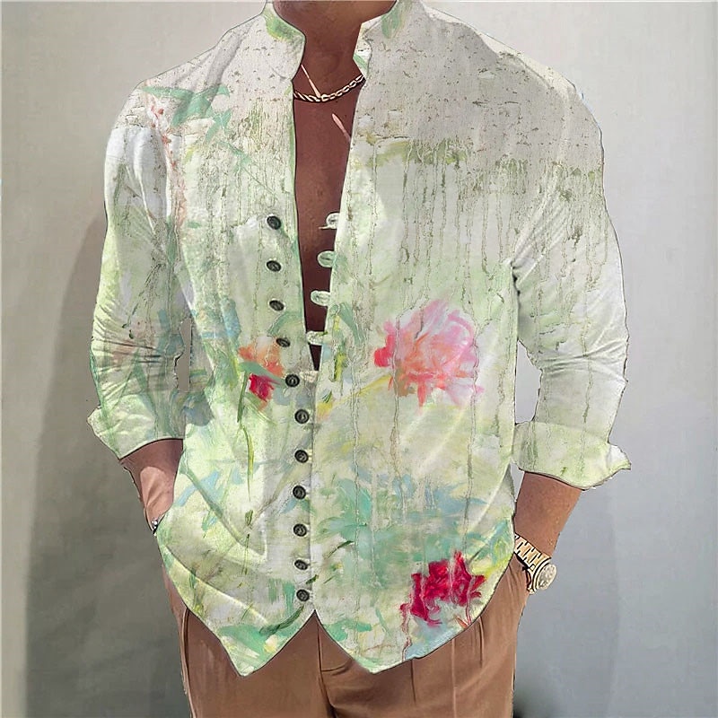 Men's Floral Shirt Button Up Shirt Long Sleeve Fashion Streetwear Designer Outdoor Casual Daily Summer Spring Fall Stand Collar Print Light Green Blue Green Gray2