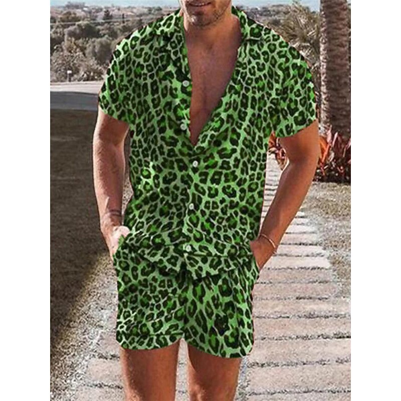 Men's Leopard 2pcs Shirts Sets Summer Hawaiian Shirt Short Sleeve Short Pants Turndown Tropical Fashion Hawaiian Casual Holiday Beach Print Summer Spring Blue Purple Brown3