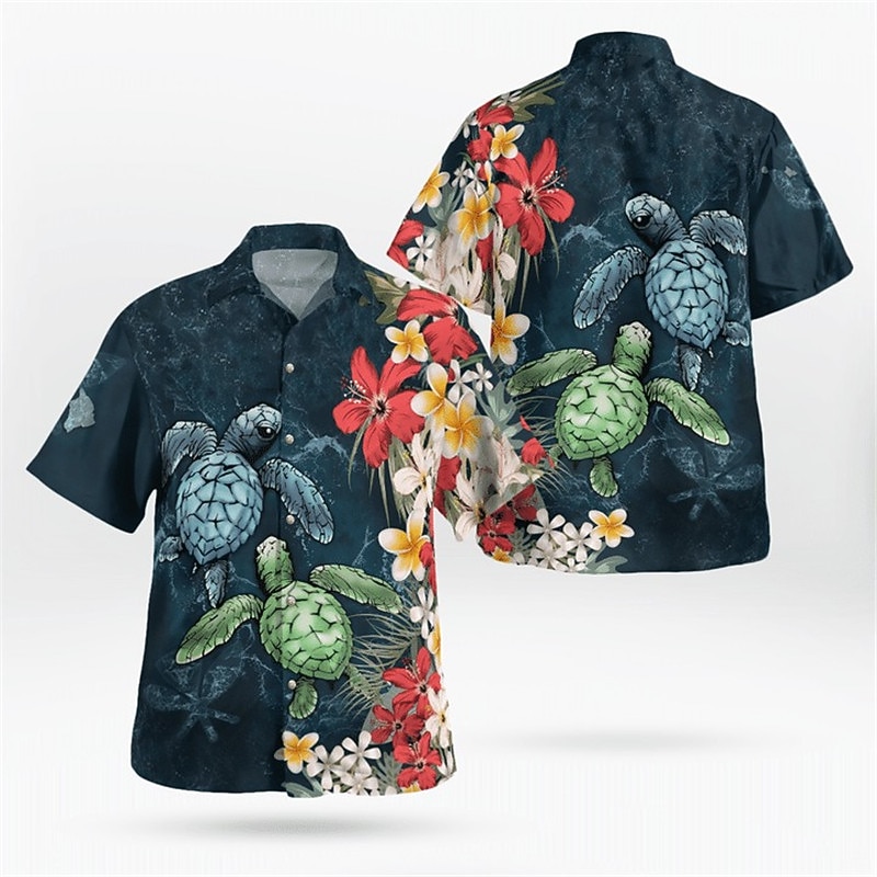 Men's Tropical Flowers Totem Turtles Shirt Summer Hawaiian Shirt Aloha Shirt Short Sleeve Shirt Cuban Collar Sports Fashion Streetwear Outdoor Casual Hawaiian Navy Blue Blue Purple S M L2