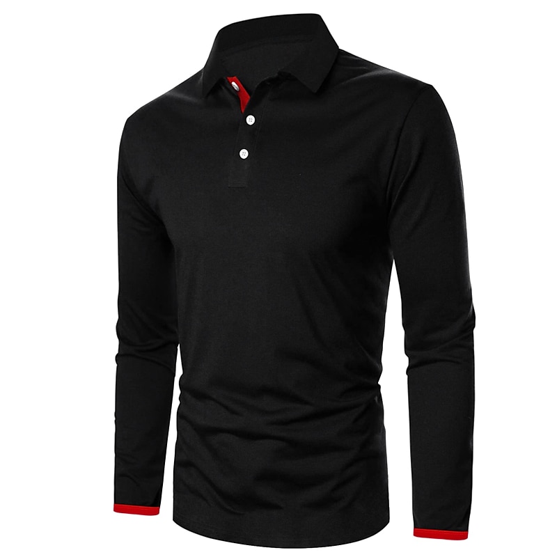 Men's Button Up Polos Polo Shirt Casual Holiday Lapel Long Sleeve Fashion Basic Plain Button Summer Regular Fit Fire Red Black Dark navy Button Up Polos