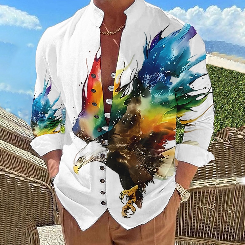 Men's Parrot Shirt Summer Hawaiian Shirt Aloha Shirt Long Sleeve Shirt Stand Collar Fashion Designer Casual Outdoor Vacation Street White Yellow Red S M L2