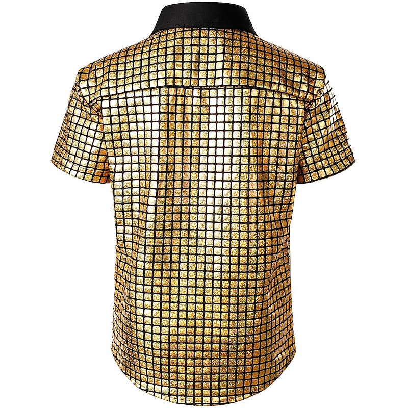 Mens 70s Disco Shirts Flared Trousers Metallic Sequins Short Sleeve Button Down Shirts Retro Vintage 1970s Costume Performance Party Stage Halloween3