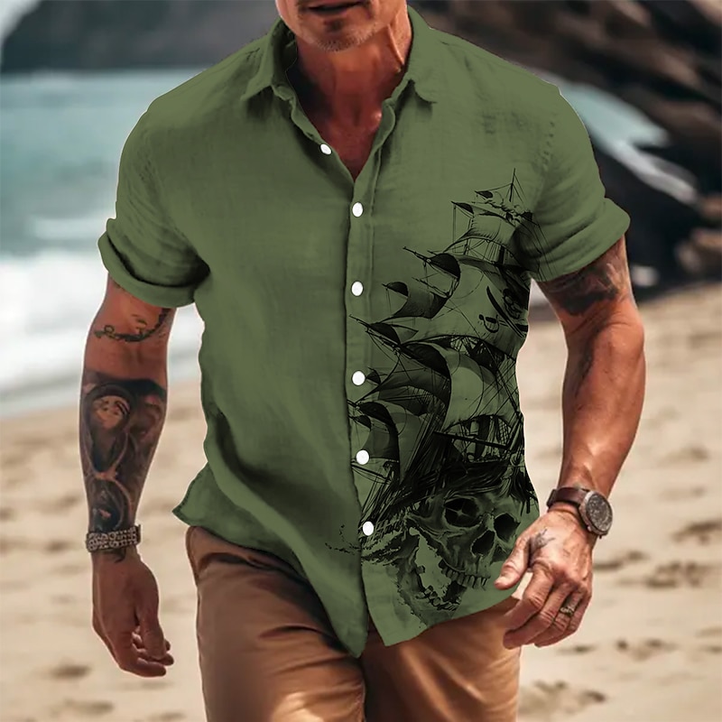 Men's Nautical Vintage Sailboat Shirt Button Up Shirt Short Sleeve Vintage Fashion Designer Outdoor Casual Summer Spring Turndown Print Lake blue Blue Orange Green Khaki3