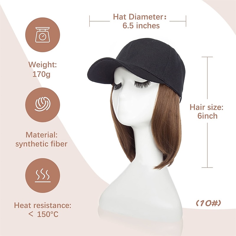 Baseball Cap with Hair Extensions for Women Heat Resistant Synthetic 6'' Adjustable Short Straight Hairpiece Replacement Wigs in Hat for Girls3