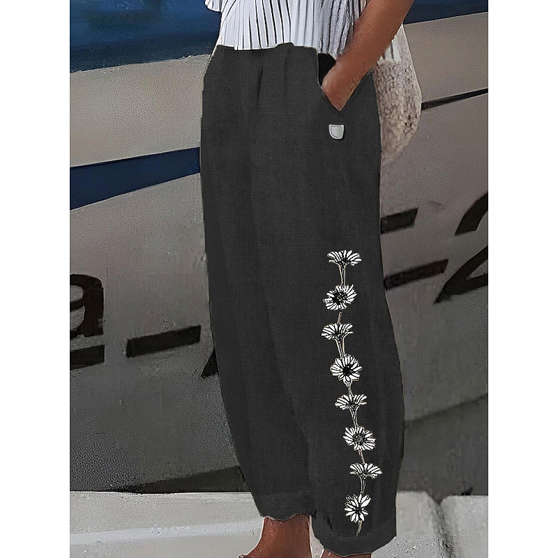 Women's Cotton And Linen Loungewear Pants Nighty Trousers Flower Print Elastic Waist Comfort Home Street Summer Spring Black White Home Outfits 5