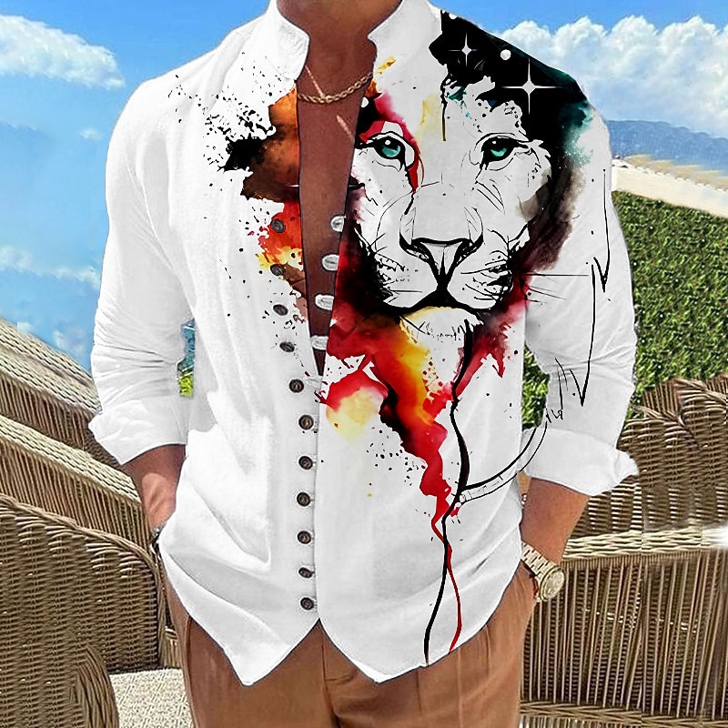 Men's Animal Lion Shirt Button Up Shirt Long Sleeve Fashion Designer Casual Vacation Daily Going out Fall Autumn / Fall Spring & Summer Stand Collar Print Black Yellow Pink Blue Purple3