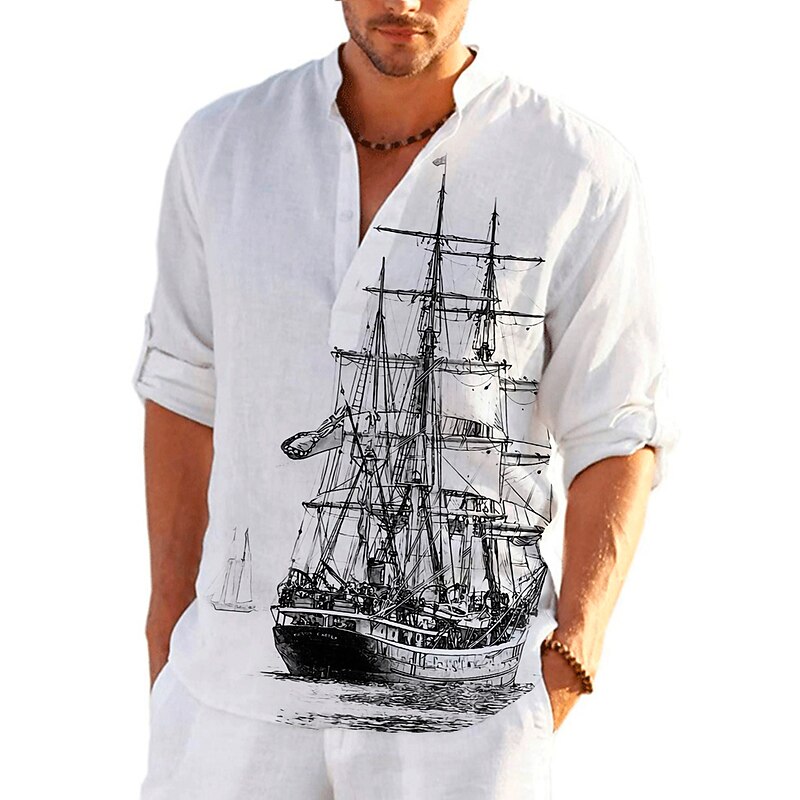 Men's Nautical Vintage Sailboat Shirt Button Up Shirt Long Sleeve Vintage Fashion Streetwear Daily Going out Summer Spring Fall Stand Collar Print Black-White Sea Blue Khaki+Khaki Black White2