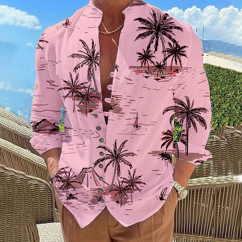 Men's Coconut Tree Tropical Plants Shirt Summer Hawaiian Shirt Aloha Shirt Long Sleeve Shirt Stand Collar Fashion Designer Casual Outdoor Vacation Street White Pink Blue S M L3