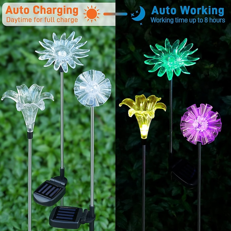 Solar Stake Lights Color Changing Outdoor Multi Color Solar Flowers Yard Lights Waterproof Garden Decor (Dandelion, Lily, Sunflower) Solar Patio Lights Multicolor Changing2