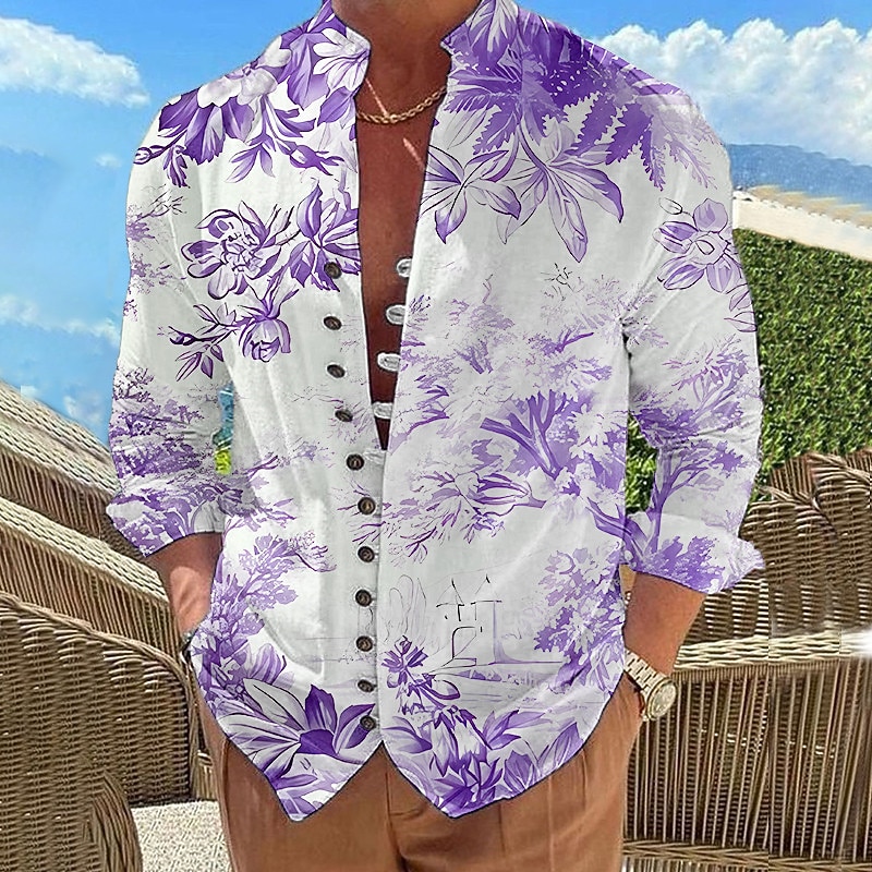 Men's Floral Shirt Button Up Shirt Long Sleeve Fashion Designer Casual Vacation Daily Going out Fall Autumn / Fall Spring & Summer Stand Collar Print Red Blue Purple Green4