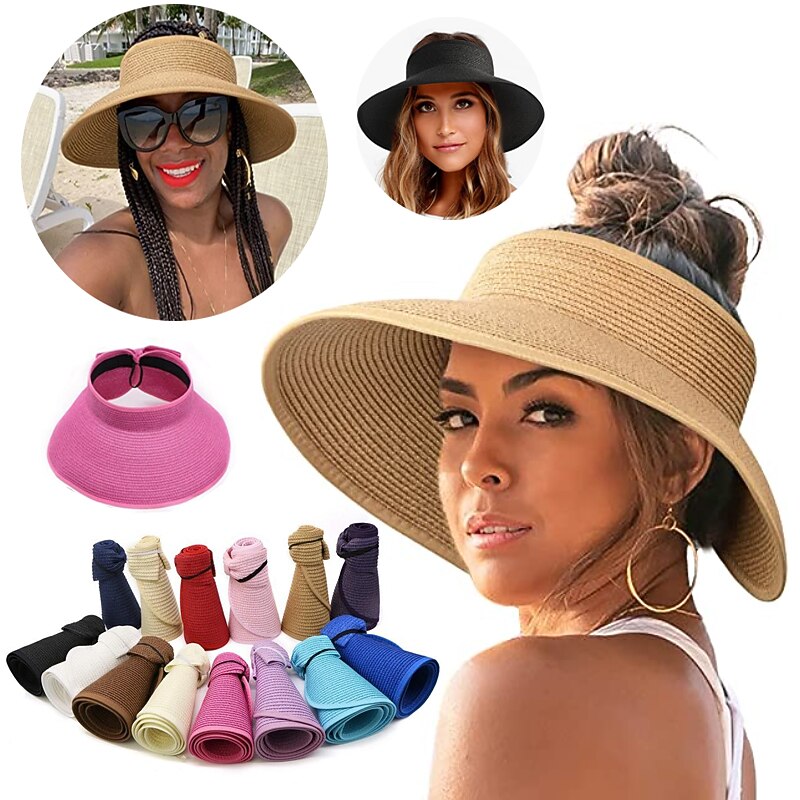 Sun Visor Hats for Women Wide Brim Straw Roll-Up Ponytail Summer Beach Hat UV UPF Packable Foldable Travel Summer