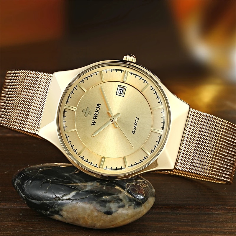 WWOOR Business Men Luxury Watches Mesh Strap Ultra Thin Quartz Men Wrsit Watch Waterproof Auto Date Male Clock4
