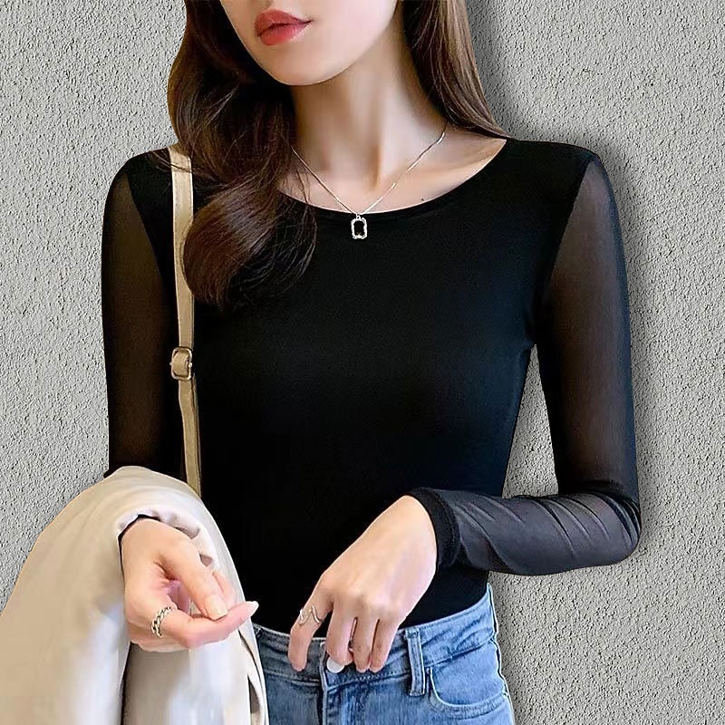 Ballroom Dance Activewear Top Ruching Pure Color Splicing Women's Performance Training Long Sleeve High Polyester Mesh