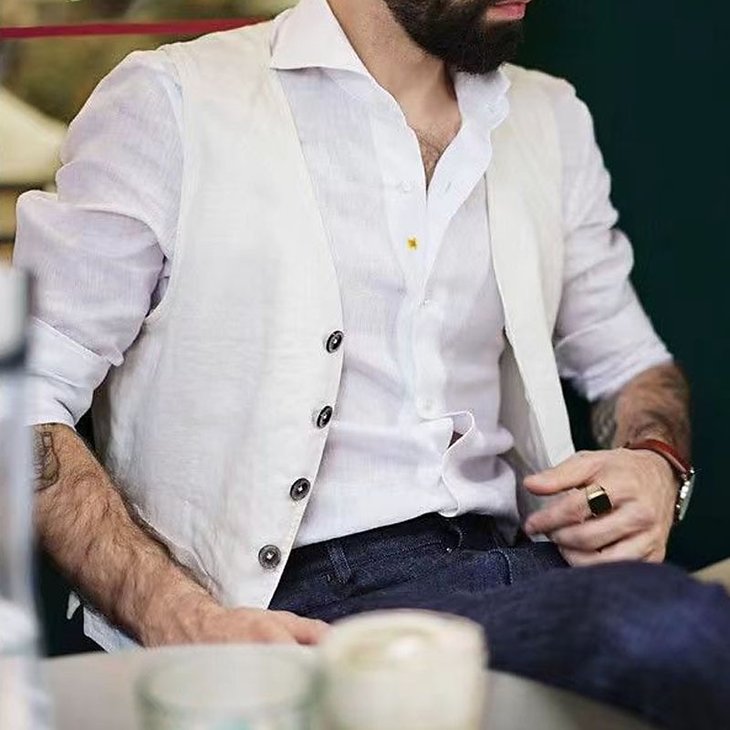 Men's Vest Waistcoat Daily Wear Vacation Going out Fashion Basic Spring &  Fall Button Cotton Polyester Comfortable Plain Single Breasted V Neck Regular Fit White Black Dark Blue Vest2