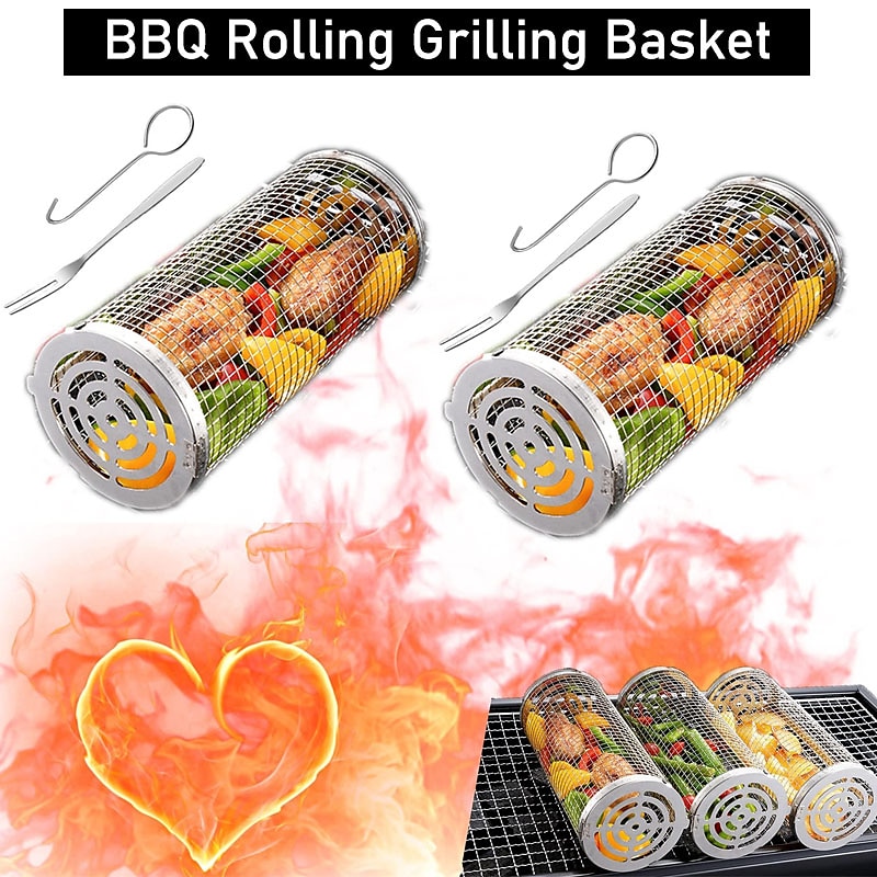 1 Pc Rolling Grilling Basket for Outdoor Grill, BBQ Basket with 2pcs Fork, BBQ Net Tube, Grill Tool with Removable Mesh Cover, Accessories Included, G