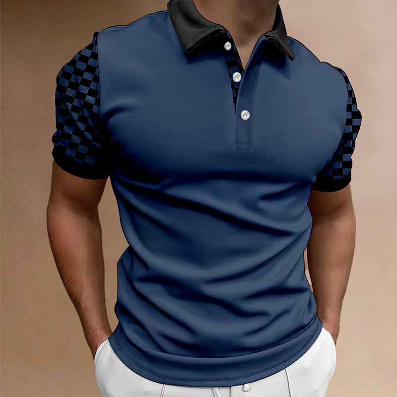 Men's Button Up Polos Golf Shirt Casual Holiday Lapel Classic Short Sleeve Fashion Basic Color Block Check Button Summer Regular Fit White Navy Blue Blue Button Up Polos2