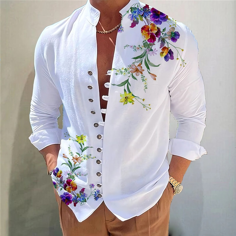 Men's Dark Shirt Aloha Shirt Long Sleeve Fashion Designer Casual Vacation Daily Going out Fall Autumn / Fall Spring & Summer Stand Collar Print Black Black / Red Army Green Red Navy Blue - Main Image