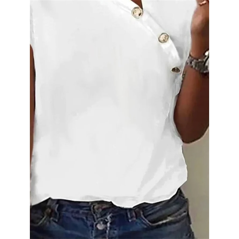 Women's T Shirt Dressy Tops Solid Color Stylish Casual Short Sleeve Asymmetric Neck Regular Tops Daily Buttons Black White Pink Green Gray Summer4