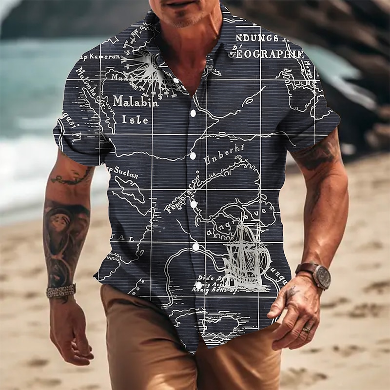 Men's Anchor Vintage Compass Shirt Button Up Shirt Short Sleeve Vintage Fashion Designer Outdoor Casual Summer Spring Turndown Print Black White Yellow Blue Gray4