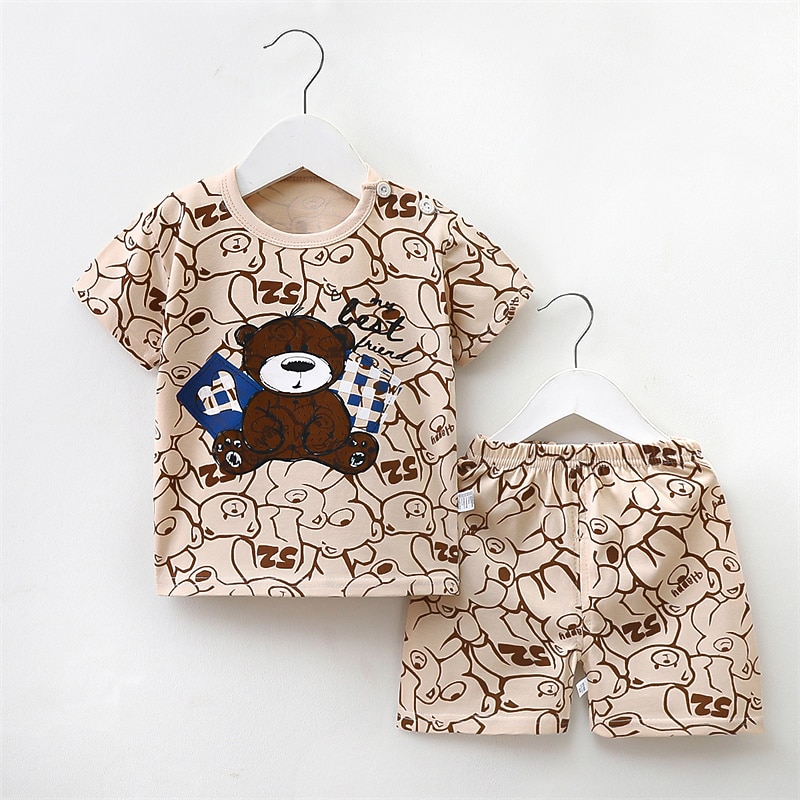2 Pieces Toddler Boys T-shirt & Shorts Outfit Cartoon Bear Stripe Short Sleeve Cotton Set Outdoor Fashion Daily Summer Spring 3-7 Years B73 B55 B642
