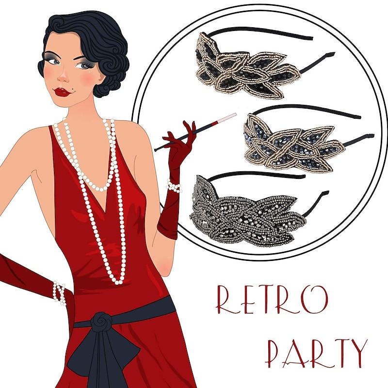 1920s Flapper Headbands for Women 20s Vintage Headpiece Rhinestone Beaded Leaf Hairband Hair Accessory3
