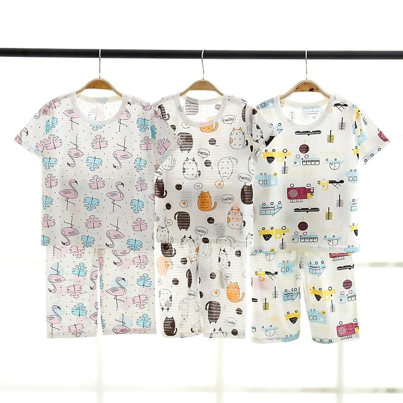 Toddler Boys 2 Pieces Pajama Sets Short Sleeve White Pink Navy Blue Animal Cartoon Crewneck Summer Spring Basic Home 3-7 Years2