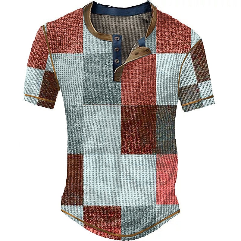 Men's Graphic Plaid Waffle Henley Shirt Short Sleeve 3D Print Fashion Designer Basic Outdoor Daily Summer Blue Sky Blue Red Brown Green Henley Henley T-Shirt 5