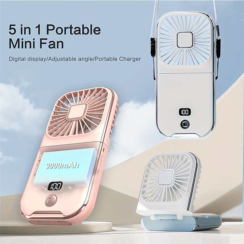 5-in-1 Mini Portable Fan – Foldable Wearable USB Fan with 3000mAh Battery, 4 Speeds for Neck, Handheld, or Desk Use