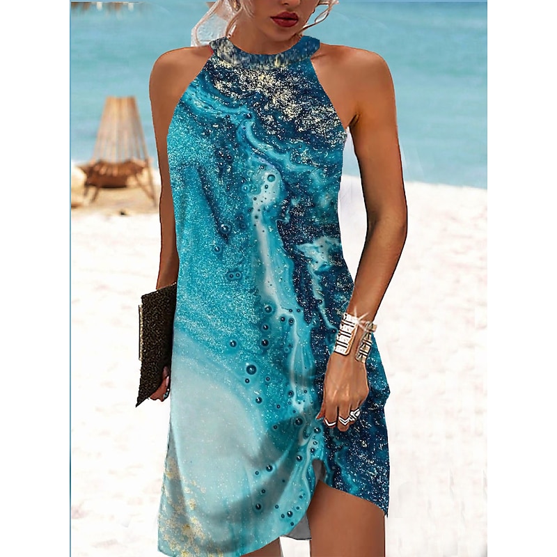 Women's Mini Dress Petite Dress Petite Dress Sundress Summer Dress Halter Neck Dress Active Fashion Streetwear Outdoor Vacation Daily Regular Fit Ombre Color Block Marble Sleeveless Halter4