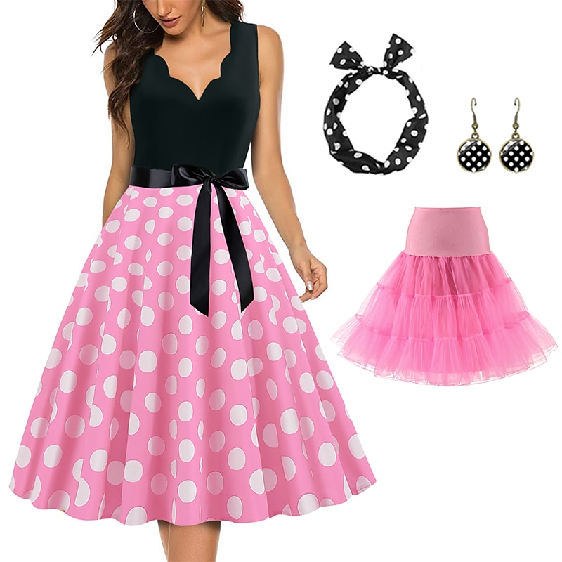 Retro Vintage 1950s Grease Outfits Rockabilly Petticoat Hoop Skirt A-Line Dress Tutu Polka Dot Fancy Dress Women's Kings Day Party / Evening Masquerade Adults' Dress Earrings Headwear Spring3